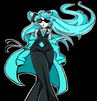 black_background blue_coat blue_hair blue_lips coat earrings formal_clothes hatsune_miku highres id_card jewelry metal_gear_(series) metal_gear_solid necktie non-web_source outline single_earring strangelove suit sunglasses tanukihuey toon_(style) twintails vocaloid white_outline