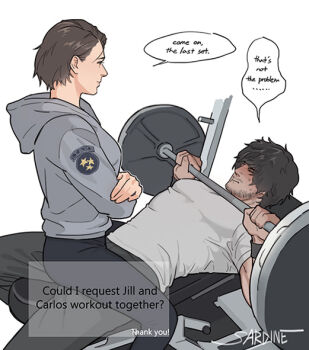 1boy 1girl artist_name beard_stubble black_hair brown_hair carlos_oliveira crossed_arms exercising facial_hair hood hoodie jill_valentine resident_evil resident_evil_3:_nemesis resident_evil_3_(remake) sardine_(kjr0313) shirt signature simple_background sitting sitting_on_person speech_bubble stubble weightlifting white_background