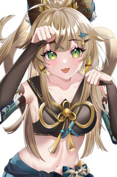 1girl animal_ears armpits bell blonde_hair blush breasts bridal_gauntlets cat_ears cat_girl cat_tail collarbone detached_sleeves genshin_impact green_eyes hair_ornament highres jinbaori kirara_(genshin_impact) long_hair looking_at_viewer medium_breasts navel open_mouth paw_pose simple_background smile solo stomach tail wakya white_background