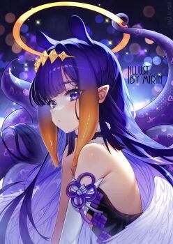 1girl :/ animated artist_name backless_dress backless_outfit black_dress by_mirin choker closed_mouth detached_sleeves diamond_hairband dress feathered_wings flower_knot from_side fur-trimmed_choker fur_trim gradient_hair halo hololive hololive_english light_blush lineart long_hair looking_at_viewer low_wings making-of monochrome multicolored_hair ninomae_ina'nis ninomae_ina'nis_(1st_costume) orange_hair pointy_ears purple_eyes purple_hair sidelocks simple_background single_detached_sleeve sketch solo sparkle strapless strapless_dress tagme tentacle_hair tentacles traditional_halo two-tone_hair very_long_hair video virtual_youtuber watermark white_background white_sleeves white_wings wings yellow_halo