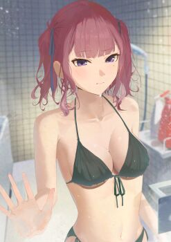Rule 34 | 1girl, absurdres, bathroom, bikini, black bikini, blurry, blurry background, breasts, cevio, collarbone, commentary request, front-tie bikini top, front-tie top, halterneck, highres, natsuki karin, navel, nofakeuk, pink hair, purple eyes, shower (place), solo, standing, swimsuit, tile wall, tiles, twintails