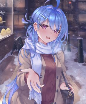 1girl :d alternate_costume azur_lane blue_hair blue_nails blush breasts brown_coat casual coat cold commentary english_commentary hair_between_eyes hair_ornament hair_ribbon hairclip hand_up helena_(azur_lane) highres kyl490 long_hair looking_at_viewer medium_breasts open_clothes open_coat open_mouth outdoors purple_eyes reaching reaching_towards_viewer red_sweater ribbon scarf smile snow solo sweater teeth upper_teeth_only very_long_hair white_scarf winter_clothes