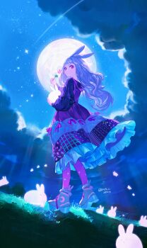 1girl animal animal_ears black_shirt blue_hair blue_shoes blunt_bangs cloud crescent_print dango facing_away flying_animal food frilled_skirt frills full_body full_moon glowing_animal holding holding_animal holding_food holding_rabbit holding_skewer long_hair long_sleeves looking_at_viewer looking_back moon night original overall_skirt pantyhose patchwork_clothes pink_eyes pink_pantyhose pink_skirt pofu31 rabbit rabbit_ears sanshoku_dango shirt shoes shooting_star signature skewer skirt sky solo star_(sky) star_(symbol) star_print starry_sky twitter_username wagashi white_rabbit_(animal)