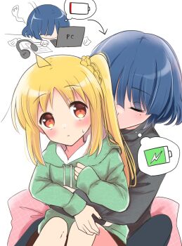 2girls ahoge battery_indicator black_pants black_sweater blonde_hair blue_hair blush bocchi_the_rock! closed_eyes computer crumpled_paper green_hoodie headphones highres hood hoodie hug hug_from_behind ijichi_nijika kissing_hair laptop multiple_girls pants pink_pillow short_hair side_ponytail simple_background sitting_on_pillow sweatdrop sweater white_background yakata_mana yamada_ryo yuri