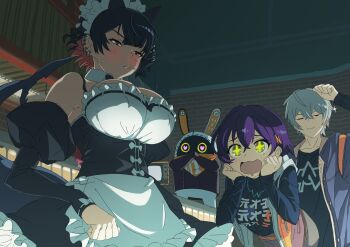 1boy 2girls bangboo_(zenless_zone_zero) belle_(zenless_zone_zero) breasts closed_eyes ellen_joe eous_(zenless_zone_zero) fins fish_tail highres large_breasts mazarimon mole mole_under_eye multiple_girls shark_girl shark_tail smile tail wise_(zenless_zone_zero) zenless_zone_zero