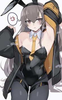 1girl 404_logo_(girls'_frontline) anger_vein animal_ear_hairband animal_ears armband black_hairband black_leotard black_pantyhose blush breasts brown_eyes brown_hair collarbone commentary_request covered_navel detached_collar double-parted_bangs fake_animal_ears girls'_frontline hair_between_eyes hairband highleg highleg_leotard highres jacket leotard long_hair looking_at_viewer necktie nontraditional_playboy_bunny off_shoulder open_clothes open_jacket open_mouth pantyhose rabbit_ear_hairband rabbit_ears scar scar_across_eye scar_on_face sidelocks simple_background small_breasts solo speech_bubble strapless strapless_leotard sweat thigh_strap two-sided_fabric two-sided_jacket ubah ump45_(girls'_frontline) very_long_hair white_background yellow_armband yellow_jacket yellow_necktie