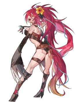 1girl :d ass bad_anatomy beads black_choker breasts butt_crack choker claws dairoku_ryouhei detached_sleeves flower hair_beads hair_flower hair_ornament hibiscus high_heels kai_ri1 long_hair open_mouth red_hair shishigami_nagflaru smile solo thigh_strap transparent_background twintails very_long_hair yellow_eyes