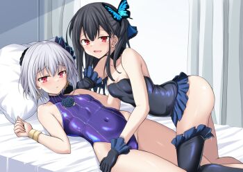 2girls bare_shoulders black_gloves black_hair black_leotard black_thighhighs blush breasts butterfly_hair_ornament commentary_request competition_swimsuit covered_navel cross_(crossryou) elbows_on_thighs fate/grand_order fate_(series) gloves grey_hair hair_ornament highleg indoors kama_(fate) leotard long_hair looking_at_viewer lotus_hair_ornament miyu_edelfelt miyu_edelfelt_(swimsuit_lancer)_(third_ascension) multiple_girls one-piece_swimsuit open_mouth purple_one-piece_swimsuit red_eyes short_hair single_thighhigh small_breasts smile swimsuit thighhighs yuri
