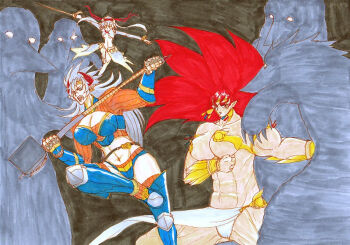 Rule 34 | 3girls, abs, bosho (kevin3m), breasts, hammer, holding, holding weapon, kevim3m, large breasts, long hair, monster, multiple girls, original, pixiv, pixiv fantasia, pixiv fantasia new world, polearm, red eyes, red hair, tall female, weapon