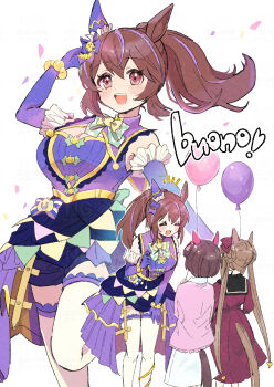 3boys 3girls animal_ears balloon blush braid braided_hair_rings breasts brown_hair cardigan casual closed_eyes confetti dress ear_covers elbow_gloves gloves hair_between_eyes hair_rings halloween_costume height_difference highres hishi_akebono_(magic_night_garland)_(umamusume) hishi_akebono_(umamusume) holding holding_balloon horse_ears horse_girl horse_tail kurulm_2 large_breasts leaning_forward long_hair long_sleeves multicolored_hair multiple_boys multiple_girls nishino_flower_(casual)_(umamusume) nishino_flower_(umamusume) official_alternate_costume open_mouth pink_cardigan pink_eyes ponytail purple_dress purple_gloves purple_hair red_dress red_eyes shirt short_hair single_ear_cover skirt smile streaked_hair sweep_tosho_(casual)_(umamusume) sweep_tosho_(umamusume) tail thighhighs twintails umamusume white_shirt white_skirt white_thighhighs