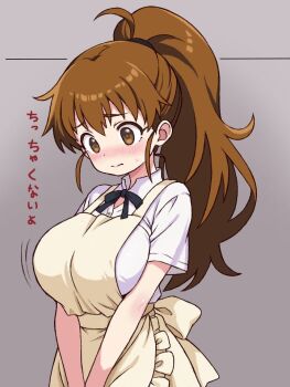 1girl ahoge apron breasts brown_eyes brown_hair collared_shirt commentary_request cowboy_shot dress_shirt employee_uniform large_breasts long_hair looking_down nattocurryumeee shirt solo taneshima_popura translated v_arms wagnaria_uniform white_shirt working!! yellow_apron