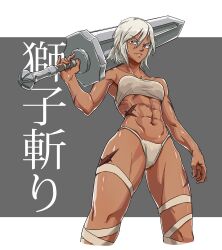 Rule 34 | 1girl, abs, absurdres, bandaged leg, bandages, blonde hair, chinese commentary, dark-skinned female, dark skin, elden ring, fighting stance, grey background, highres, holding, holding sword, holding weapon, huge weapon, medium hair, muscular, muscular female, nude, orange eyes, original, over shoulder, red eyes, scar, scar on arm, scar on leg, scar on stomach, shadow, shiny skin, solo, sword, sword over shoulder, tan, tarnished (elden ring), thick thighs, thighs, tomboy, translation request, two-tone eyes, weapon, weapon over shoulder, white background, zealadair