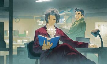 2boys ace_attorney analog_clock ascot black_eyes black_hair black_vest book box box_stack bulletin_board buttons cardboard_box ceiling ceiling_light chair clock closed_mouth coat commentary_request crossed_legs curtained_hair desk desk_lamp dick_gumshoe facial_hair fagi_(kakikaki) falling_paper formal_clothes goatee_stubble green_coat grey_hair grin hand_on_table holding holding_book holding_box indoors jacket lamp lapels layered_clothes long_sleeves looking_at_another looking_to_the_side male_focus miles_edgeworth multiple_boys notched_lapels office_chair on_chair open_book pants paper paper_stack pencil_behind_ear reading red_jacket red_pants red_suit shelf shirt short_hair sideburns_stubble sitting smile stubble suit suit_jacket swivel_chair thick_eyebrows trench_coat vest white_ascot white_shirt