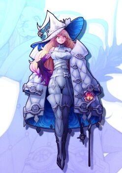 1girl akisame_rizu blonde_hair bodysuit breast_strap breasts diabellze_the_original_sinkeeper diagonal_bangs duel_monster eye_of_horus full_body hat heterochromia highres holding jacket large_breasts long_hair looking_at_viewer rod_of_asclepius single_sleeve smile strap white_bodysuit witch witch_hat yu-gi-oh! zoom_layer