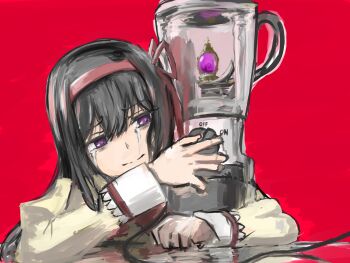 1girl absurdres akemi_homura arms_on_table bags_under_eyes black_hair blender_(object) bow bowtie cable closed_mouth commentary crying crying_with_eyes_open false_smile gem hair_ribbon hairband highres juliet_sleeves lace-trimmed_sleeves lace_trim long_hair long_sleeves mahou_shoujo_madoka_magica mahou_shoujo_madoka_magica_(anime) mitakihara_school_uniform puffy_sleeves purple_gemstone red_background red_bow red_bowtie red_hairband red_ribbon reflective_surface ribbon sad school_uniform shirt smile solo soul_gem streaming_tears table takeraka tears upper_body yellow_shirt