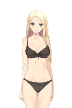 00s 1girl bare_shoulders black_bra black_panties blonde_hair blush bra breasts closed_mouth collarbone date_wingfield_reiko eyebrows fault!! female_focus game_cg green_eyes groin large_breasts legs legs_together long_hair looking_at_viewer midriff navel panties simple_background smile solo standing thighs tony_taka underwear upper_body white_background