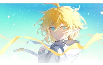 Rule 34 | 1boy, ahoge, aotu world, black gloves, blonde hair, blue background, blue eyes, chinese commentary, drawstring, fingerless gloves, gloves, hair between eyes, hand up, highres, hood, hood down, hoodie, king (aotu world), looking at viewer, looking back, male focus, multicolored hoodie, parted lips, pointy ears, qiyu1125king, ribbon, short hair, sky, solo, sparkle, tears, upper body, watermark, watermark grid, white hoodie, yellow ribbon