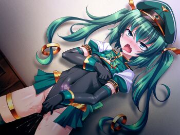1girl ahegao aoi_masami aqua_eyes black_gloves blue_eyes blush breasts corruption covered_erect_nipples covered_navel dutch_angle elbow_gloves female_ejaculation female_masturbation female_orgasm fingering fingering_through_clothes game_cg gloves grabbing_own_breast green_eyes green_hair hat knight_lapis large_variant_set leotard long_hair magical_girl masturbation masturbation_through_clothes nina_wang_rockford nipple_stimulation nipple_tweak non-web_source official_art open_mouth orgasm pubic_tattoo pussy_juice showgirl_skirt small_breasts solo standing tattoo tears thighhighs through_clothes tongue tongue_out ts_magical_girl_nao twintails variant_set