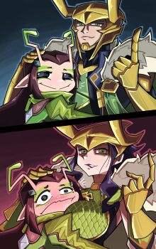 1boy absurdres alien antennae black_hair blush breasts closed_mouth gloves green_eyes guardians_of_the_galaxy hebinalmeog highres horns lady_loki large_breasts loki_(marvel) long_hair looking_at_viewer mantis_(marvel) marvel marvel_rivals official_alternate_costume pointy_ears smile thor_(marvel)_(series) yuri