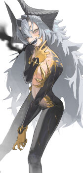 absurdres arm_up black_horns black_skin breasts clip_studio_paint_(medium) colored_skin commentary completely_nude dragon_girl dragon_horns fang feet_out_of_frame fingernails grey_hair hair_between_eyes highres horns jin_yu0810 long_fingernails long_hair long_horns looking_at_viewer medium_breasts monster_girl multicolored_skin nude open_mouth original simple_background skin_fang solo standing white_background yellow_eyes yellow_hands yellow_skin