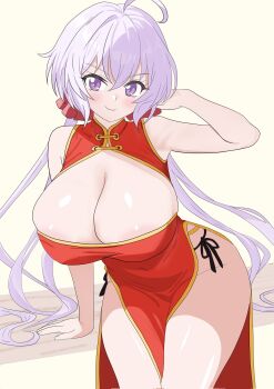 1girl ahoge alternate_breast_size_(larger) blush breasts china_dress chinese_clothes cleavage cleavage_cutout closed_mouth clothing_cutout dress groin hair_between_eyes hair_ornament hair_scrunchie hand_in_own_hair highres huge_breasts leaning_forward long_hair looking_at_viewer philip98267134 purple_eyes purple_hair red_dress scrunchie senki_zesshou_symphogear simple_background smile solo very_long_hair white_background yukine_chris