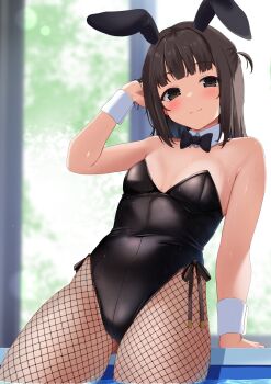 1girl akishino_yuzuki animal_ear_hairband animal_ears artist_request black_bow black_bowtie black_eyes black_hair black_leotard blunt_bangs bow bowtie breasts commentary_request cowboy_shot detached_collar fake_animal_ears fishnet_pantyhose fishnets hairband highres indie_virtual_youtuber leotard long_hair medium_hair one_side_up pantyhose playboy_bunny rabbit_ears second-party_source side-tie_leotard small_breasts solo strapless strapless_leotard virtual_youtuber water wet wrist_cuffs