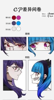 Rule 34 | 2girls, amemiya darumi, black bow, black hair, blue hair, bow, close-up, ear piercing, earrings, glasses, grey background, heart, highres, jewelry, looking at another, makeup, multicolored hair, multiple girls, multiple views, panels, piercing, pink eyes, profile, purple hair, red eyes, runny makeup, shizuhara hiruko, the hundred line -last defense academy-