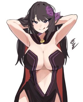 1girl absurdres armpits arms_behind_head arms_up black_dress black_hair breasts cape cleavage cloak closed_mouth cowboy_shot dress elsa_granhilte flower hair_flower hair_ornament highres large_breasts licking_lips lips long_hair looking_at_viewer multicolored_cloak pelvic_curtain purple_eyes purple_flower re:zero_kara_hajimeru_isekai_seikatsu revealing_clothes secondhand9280 smile solo standing tongue tongue_out two-tone_cloak underboob