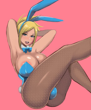 1girl animal_ears areola_slip armpits arms_behind_head blonde_hair blue_bow blue_bowtie blue_leotard bow bowtie breasts bulge cleavage commentary_request dark-skinned_female dark_skin feet_out_of_frame fishnet_pantyhose fishnets futanari ganguro gyaru knees_together_feet_apart large_areolae large_breasts legs leotard looking_at_viewer open_mouth original pantyhose playboy_bunny rabbit_ears rabbit_tail shibusun smile tail tan teeth thick_thighs thighs