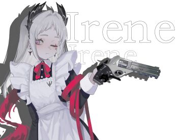 1girl absurdres ambience_synesthesia apron arknights black_dress black_gloves character_name chinese_commentary closed_mouth collared_dress commentary contrast_collar dress drop_shadow earrings frills gloves grey_eyes grey_hair gun hair_intakes handgun highres holding holding_gun holding_weapon irene_(arknights) irene_(voyage_of_feathers)_(arknights) jewelry long_hair long_sleeves looking_at_viewer macha_bafei maid maid_apron official_alternate_costume one_eye_closed red_pupils revolver simple_background solo weapon white_apron white_background