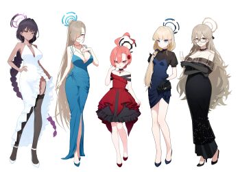 5girls absurdres ahoge akane_(blue_archive) alcohol alternate_costume alternate_hairstyle arm_at_side arm_under_breasts asuna_(blue_archive) bare_shoulders black-framed_eyewear black_choker black_dress black_gloves black_hair black_halo black_nails black_shoes black_thighhighs blonde_hair blue_archive blue_bow blue_dress blue_eyes blue_flower blue_hair blue_halo blue_rose blue_shoes blush bow braid braided_ponytail breasts brooch brown_eyes brown_hair brown_halo champagne choker cleaning_&amp;_clearing_(blue_archive) cleavage clenched_hand clenched_hands closed_mouth collarbone commentary covered_navel cup dark-skinned_female dark_skin double-parted_bangs dress dress_bow dress_flower earrings elbow_gloves english_commentary evening_gown eyelashes eyes_visible_through_hair flower formal_clothes frilled_dress frills frown full_body garter_straps glasses gloves gradient_hair grin hair_behind_ear hair_between_eyes hair_bun hair_flower hair_intakes hair_ornament hair_over_one_eye hair_over_shoulder half_updo halo hand_in_own_hair hand_on_own_hip hand_up high_heels highres holding holding_cup huge_ahoge jewelry karin_(blue_archive) large_breasts long_bangs long_dress long_hair looking_at_viewer low_ponytail medium_dress millennium_science_school_logo mixed-language_commentary mole mole_on_breast mole_under_each_eye mole_under_eye multicolored_hair multiple_girls multiple_moles nail_polish necklace neru_(blue_archive) no_socks off-shoulder_dress off_shoulder one_eye_covered orange_hair parted_lips plunging_neckline ponytail purple_hair purple_halo pyytato red_dress red_eyes red_flower red_rose red_shoes rose shoes short_dress short_eyebrows short_hair sidelocks simple_background single_hair_bun sleeveless sleeveless_dress slit_pupils smile spaghetti_strap split_mouth standing straight_hair streaked_hair thighhighs thighs toki_(blue_archive) tsurime two-tone_dress two-tone_hair v-shaped_eyebrows very_long_hair white_background white_dress white_shoes yellow_eyes