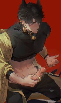 1boy absurdres animal_ears black_hair black_shirt caleb_(love_and_deepspace) calla10 covered_erect_nipples crop_top dog_boy dog_ears dog_tags hand_on_own_penis highres kemonomimi_mode love_and_deepspace male_focus medium_hair midriff penis penis_grab red_background shirt simple_background solo stomach toned toned_male twitter_username