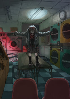 1boy black_boots black_shirt boots brown_hair ceiling ceiling_light chair checkered_floor clock closed_eyes facing_down fluorescent_lamp hood hood_down hooded_jacket indoors jacket knee_boots koze_niire laundromat laundry_basket long_sleeves long_table mashiro_meme mashiro_meme_(3rd_costume) multicolored_hair nijisanji on_table open_clothes open_jacket outstretched_arms platform_boots platform_footwear red_hair red_shirt shirt short_hair solo spread_arms standing streaked_hair striped_clothes striped_shirt table tile_ceiling tiles two-tone_shirt virtual_youtuber wall_clock washing_machine wide_shot