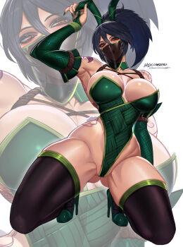 1girl akali alternate_costume animal_ear_hairband animal_ears badcompzero black_hair breasts curvy fake_animal_ears gluteal_fold green_leotard green_nails hairband high_heels high_ponytail highleg highleg_leotard highres kneeling large_breasts league_of_legends leotard mouth_veil playboy_bunny ponytail rabbit_ear_hairband rabbit_ears solo thighhighs veil zoom_layer