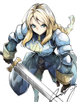1girl agrias_oaks armor black_gloves blonde_hair braid breastplate breasts closed_mouth crazy02oekaki final_fantasy final_fantasy_tactics from_above furrowed_brow gloves grey_eyes highres holding holding_sword holding_weapon long_hair medium_breasts pauldrons shoulder_armor sidelocks signature single_braid solo sword weapon white_background