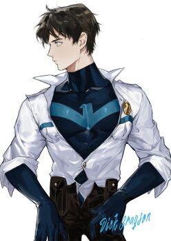 1boy aqua_eyes batman_(series) black_hair black_pants blue_bodysuit bodysuit character_name closed_mouth cropped_legs dc_comics dick_grayson highres male_focus multicolored_bodysuit naijarski nightwing pants shirt simple_background solo superhero_costume taut_bodysuit toned toned_male two-tone_bodysuit upper_body white_background white_shirt