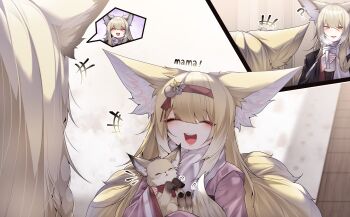 +++ 2girls :d ? ^_^ absurdres alternate_costume animal animal_ears arknights black_kimono blonde_hair closed_eyes commentary_request cup dated_commentary fox fox_ears fox_girl fox_tail hairband highres holding holding_animal holding_cup japanese_clothes kimono kitsune kyuubi long_hair long_sleeves mother_and_daughter multiple_girls multiple_tails official_alternate_costume open_mouth pink_kimono red_hairband samip scar scar_on_face scarf smile suzuran_(arknights) suzuran_(yukibare)_(arknights) tail teeth upper_teeth_only vulpisfoglia_(arknights) white_scarf