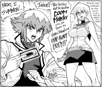 1boy absurdres bare_shoulders bb_(baalbuddy) breasts card deck_of_cards duel_academy_uniform_(yu-gi-oh!_gx) duel_disk greyscale highres holding holding_card jacket large_breasts long_hair miniskirt monochrome shirt short_hair skirt tenjouin_asuka trading_card yu-gi-oh! yu-gi-oh!_gx yuki_judai