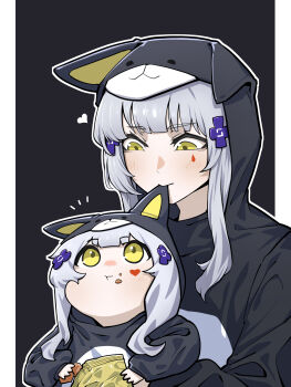2girls absurdres alternate_costume animal_costume animal_ears bag_of_chips biting biting_ear blush carrying carrying_person commentary cross_hair_ornament doya_(qkrdbseh1205) dual_persona eating facial_mark fake_animal_ears food food_on_face girls&#039;_frontline girls&#039;_frontline_2:_exilium hair_ornament heart heart_facial_mark heart_tattoo highres hk416_(girls&#039;_frontline) klukai_(girls&#039;_frontline_2) long_hair looking_at_another multiple_girls tattoo teardrop_facial_mark teardrop_tattoo two-tone_background upper_body white_hair yellow_eyes