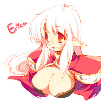 1girl 2000s_(style) bad_id blush breasts cape cleavage emily_(pure_dream) glasses large_breasts long_hair looking_afar lowres open_mouth orange_eyes pointy_ears ragnarok_online red_cape rimless_eyewear round_eyewear simple_background smile solo upper_body white_background white_hair
