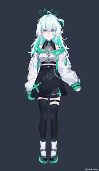 Rule 34 | 1girl, absurdres, ahoge, artist name, bare shoulders, black background, black shirt, black shoes, black skirt, black thighhighs, blue eyes, blue halo, center opening, charm (object), chinese commentary, closed mouth, commentary request, cropped jacket, cross, cross necklace, crossed bangs, double halo, drawstring, fishnet top, fishnets, full body, gem, gun$ okyo, hair tie, halo, highres, jacket, jewelry, long hair, long sleeves, mary janes, navel, necklace, one side up, original, pleated skirt, shirt, shoes, simple background, skirt, sleeveless, sleeveless shirt, sleeves past wrists, smile, socks, solo, standing, thigh strap, thighhighs, white hair, white jacket, white socks, zettai ryouiki