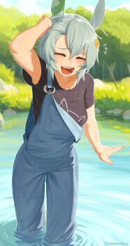 1girl absurdres adversarial_noise animal_ears black_shirt blue_overalls blush casual commentary denim denim_overalls ear_covers english_commentary fishing_rod flower grey_hair hair_flower hair_ornament hairclip highres horse_ears horse_girl horse_tail looking_at_viewer open_mouth overalls seiun_sky_(casual)_(umamusume) seiun_sky_(umamusume) shirt short_hair short_sleeves single_ear_cover smile solo suspenders suspenders_slip tail umamusume yoako