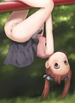 1girl anus ass black_skirt brown_eyes brown_hair censored cleft_of_venus clothes_lift exhibitionism forehead from_behind has_uncensored_version ichigo_mashimaro kuroshiro00 legs loli long_hair looking_at_viewer looking_back matsuoka_miu mosaic_censoring no_panties outdoors pink_tank_top public_indecency pussy ribbon skirt skirt_lift smile solo tank_top thighs twintails upside-down