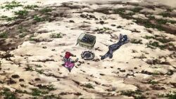 1girl 2boys animated anime_screenshot annoyed audible_speech bodysuit breasts can canned_food complaining english_audio female_focus freckles gundam gundam_00 highres johann_trinity large_breasts michael_trinity multiple_boys nena_trinity outdoors pale_skin red_hair sitting sound tagme tantrum video yellow_eyes