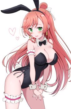 1girl aged_up animal_ears armband bare_legs black_bow black_bowtie black_leotard bow bowtie breasts cleavage collar commentary_request cowboy_shot cure_prism detached_collar earrings fake_animal_ears fake_tail frilled_armband frilled_garter frills green_eyes hair_bun hair_ribbon heart highres hirogaru_sky!_precure jewelry kaatsu_katsurou large_breasts leaning_forward legwear_garter leotard long_hair looking_at_viewer nijigaoka_mashiro open_mouth own_hands_together pink_hair precure rabbit_ears rabbit_tail ribbon simple_background single_hair_bun single_legwear_garter smile solo standing strapless strapless_leotard tail white_background white_collar white_ribbon wing_collar wrist_cuffs