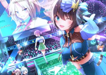 &gt;_&lt; 6+girls absurdres aoi_erika asaba_touka audience black_hair blonde_hair blue_eyes blue_gloves blue_hair blue_shirt blue_skirt blush bow bowtie breasts brown_hair clenched_teeth clothing_cutout crowd gloves glowstick green_skirt grey_hair hair_ornament hat heaven_burns_red highres higuchi_seika idol idol_clothes kayamori_ruka kneehighs looking_at_viewer maid_headdress medium_breasts midriff minase_ichigo multiple_girls official_alternate_costume ogasawara_hisame one_eye_closed open_mouth pink_hair plaid_clothes plaid_skirt pointing ribbon screen shirt short_hair short_sleeves shoulder_cutout skirt smile socks solo_focus stage stage_lights standing star_(symbol) star_hair_ornament sugawara_chie teeth