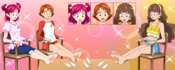 3girls amanogawa_kirara arched_bangs bare_arms bare_legs bare_shoulders barefoot blue_pants blue_shorts blush bow bow_hairband brown_hair bubble_background chair coffee_table collarbone colorful_background commentary commission crop_top cropped_shirt d: denim denim_shorts dress earrings english_commentary feathers feet feet_on_table floral_print flower frilled_shirt frills full_body furrowed_brow go!_princess_precure gradient_background hair_bow hairband halter_shirt halterneck highres imminent_tickling in-franchise_crossover jeans jewelry juliet_sleeves long_hair long_sleeves looking_down low_twintails midriff mixed-language_commentary multiple_girls natsuki_rin navel on_chair open_mouth orange_hair orcaleon outstretched_legs pants pants_rolled_up pink_background pink_dress pink_eyes pink_hair polka_dot polka_dot_background precure print_dress print_shirt puffy_long_sleeves puffy_sleeves purple_eyes red_background red_eyes red_shirt red_skirt rose rose_print scared shirt short_dress short_hair short_twintails shorts sitting skirt soles sparkle sparkle_background star_(symbol) star_earrings swept_bangs table toes twintails white_feathers yellow_background yellow_bow yellow_hairband yellow_shirt yes!_precure_5 yes!_precure_5_gogo! yumehara_nozomi