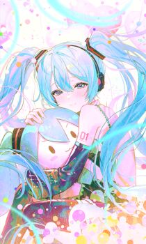 1girl aqua_eyes aqua_hair black_thighhighs character_doll doll fymrie hatsune_miku highres long_hair solo thighhighs twintails vocaloid