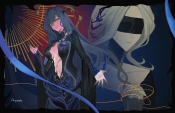 2girls arcana_(paradise_regained)_(reverse:1999) arcana_(reverse:1999) black_border black_dress blindfold blue_background blue_hair border breasts colored_tears dress grey_hair grin hand_up hands_up highres holding holding_string interlocked_fingers large_breasts long_hair looking_at_viewer multiple_girls official_alternate_costume own_hands_together plunging_neckline reverse:1999 single_tear smile string upper_body urd_(reverse:1999) very_long_hair wand_in_head wide_sleeves yundrawingz