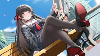 1girl absurdres bench black_hair blush chisa_(wuthering_waves) crossed_legs highres lemon_kele long_hair looking_at_viewer pantyhose parted_lips red_eyes shoe_dangle sitting wuthering_waves